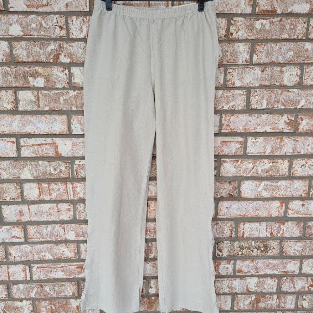 Soft Surroundings Tall S Small 6T 8T Cream Tan Cotton Flare Pants Button Up Side